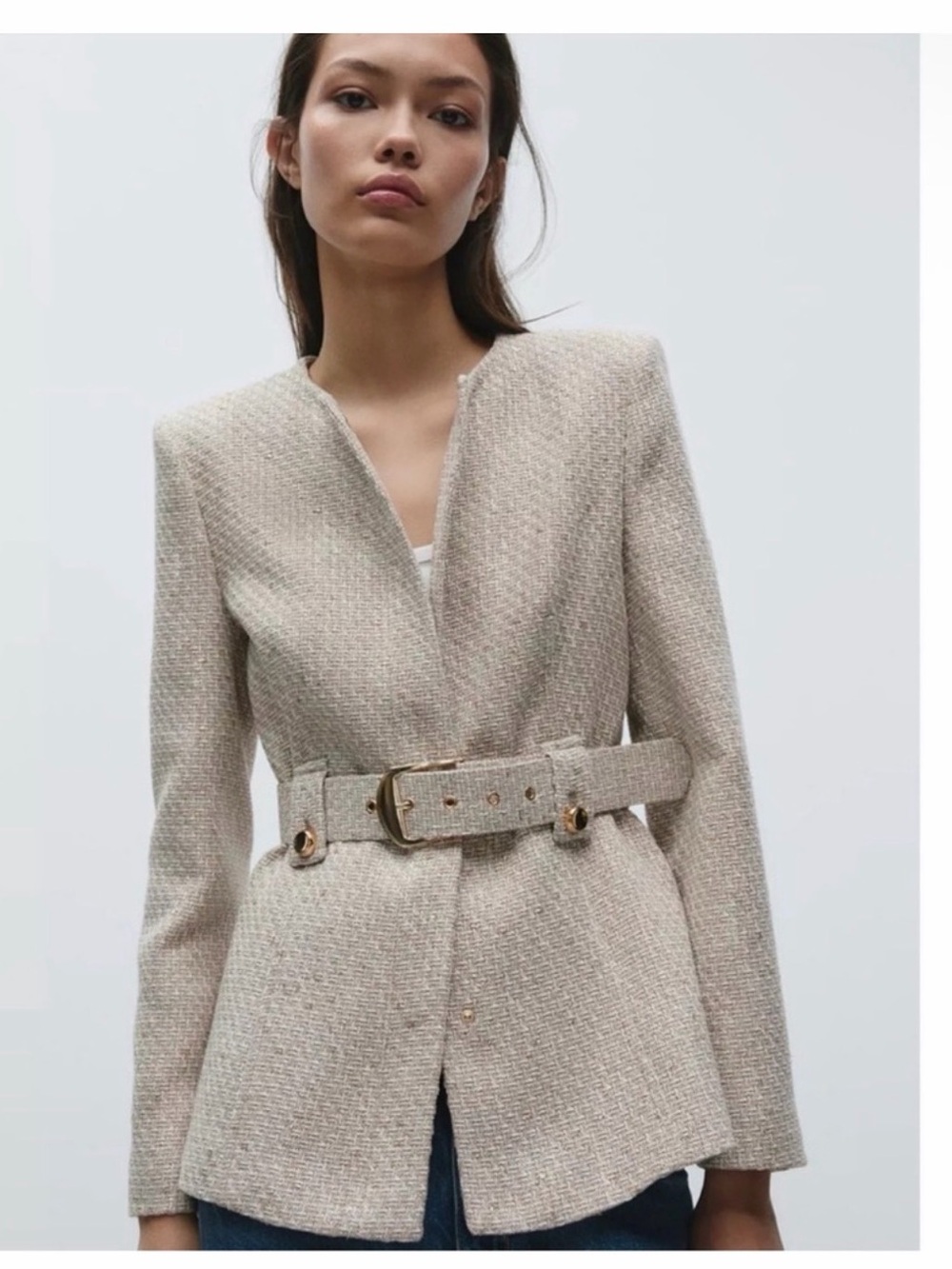 Zara Neutral Tweed Belted Blazer Jacket